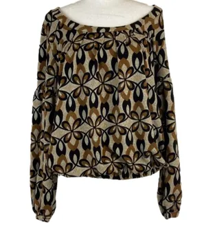 Funky People Tan Brown and Black Puff Sleeve Elastic Waist Floral Top Size XL thumbnail 2