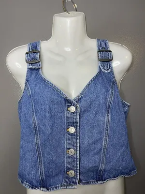 Levi's Tank Top Womens Medium Blue Denim Button Front Buckle Strap Cropped thumbnail 1
