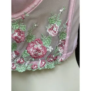 Fairycore Coquette Pink Green Floral Embroidered Corset Top Finesse Olivia M thumbnail 9