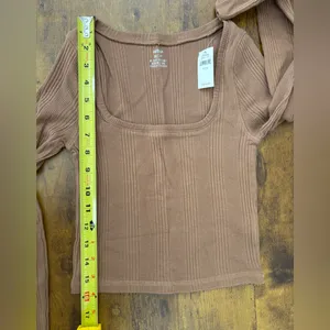 NWT Aerie Ribbed Crop Top Women's XS Neutral Taupe Long Sleeve Square Neckline thumbnail 6