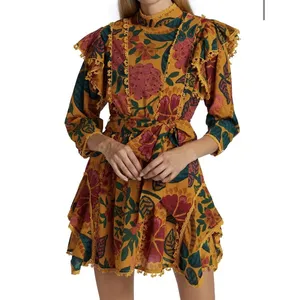 Farm Rio Mini Dress Yellow Floral Ruffle Pom Pom Trim Mock Neck Belted thumbnail 3