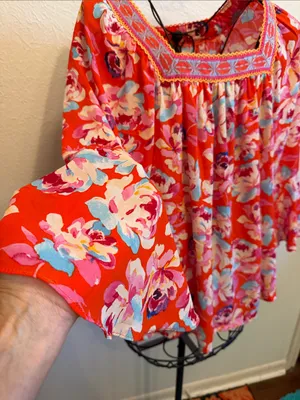 ❤️❤️❤️BOGOHO❤️❤️❤️Floral Red Peasant Blouse with Embroidered Square Neck-Large thumbnail 6