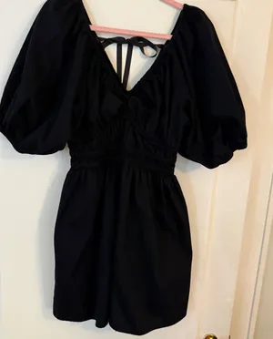 Old Navy Black Puff Sleeve Smocked Mini Dress‎ V-Neck Ribbon Medium Petite thumbnail 1