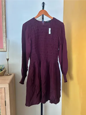 Madewell Long Sleeve Smocked Mini Dress Dark Pomegranate Purple NWT $148‎ Large thumbnail 4