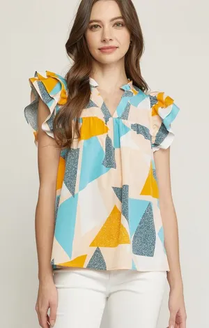 Entro Spring Abstract Geometric Spring Blouse Top Yellow & Blue thumbnail 1