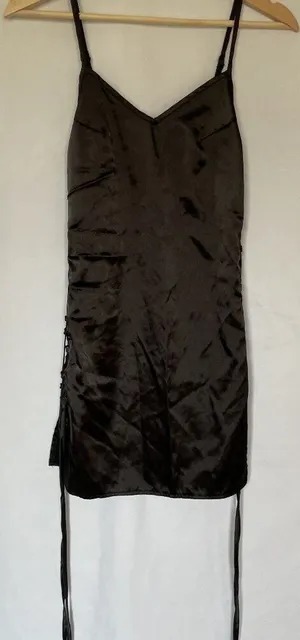Women's silky black lingerie chemise‎ dress spaghetti straps lace up sides thumbnail 1