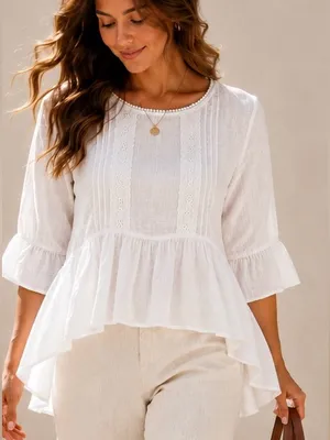 Petal & Pup White Coastal Cottage High Low Babydoll Romantic Blouse Medium Top thumbnail 1