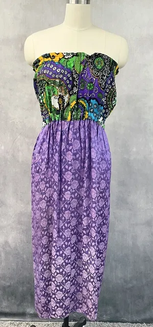 Vintage Handmade‎ Strapless Midi Dress Size M Paisley Floral Purple Boho Indie thumbnail 1
