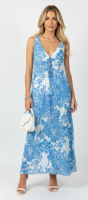 Zara Silk Blend Blue & White Floral Print Sleeveless Midi Summer Dress XS thumbnail 1
