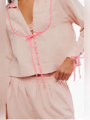 Free people close to home cotton flannel pajama set in neon peach $98 NWT. thumbnail 4