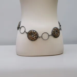 Medallion Chain Link Belt OS Brown Silver Boho Stone Inlay Earthy Artsy Western thumbnail 2