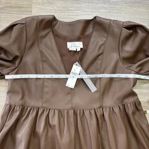 Anthropologie Babydoll Dress Womens Size Medium Brown Faux Leather Mini NWT thumbnail 9