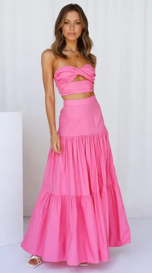 RUNAWAY The Label Ayla Hot Pink Crop Top Tiered Maxi Skirt Set XS thumbnail 1