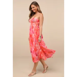 NWT Lulus Aysel Coral Pink Abstract Strapless Bustier Midi Dress Cruise Vacay XS thumbnail 8