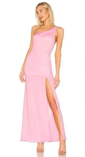 Revolve NBD Lapsey Long Maxi One Shoulder Side Slit Barbiecore Gown Dress Sz S thumbnail 1