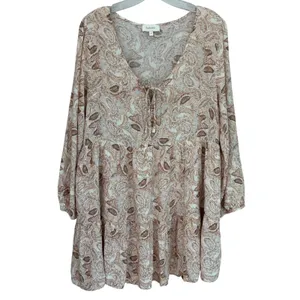 Bohme Womens Paisley Tiered Babydoll Mini‎ Dress Tan Brown V-Neck Rayon FD6018 M thumbnail 2