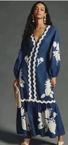 Farm Rio Anthropologie Blue Linen Embroidered Dress Size Medium thumbnail 1