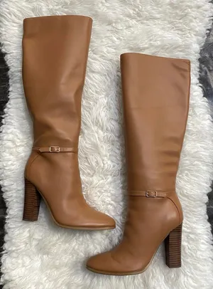 Nine West Brown Tan Knee High Faux Leather Boots Buckle Detail Quiet Luxury thumbnail 1