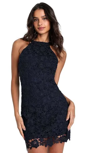 Lulus Love Poem Navy Blue Halter Neck Lace Mini Dress in Medium NWT thumbnail 1