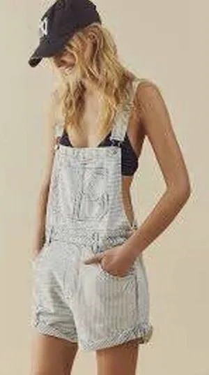 Free People Ziggy Denim Shortalls in a striped "Find Your Way Back" wash Size XL thumbnail 1