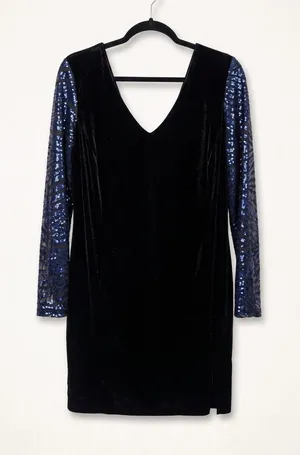 Lane Bryant Black Velvet Sheath Dress Navy Sequin Sleeve V-Neck V-Back Size 18 thumbnail 1
