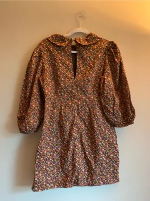 Free People Fall Dress Mini Long Puffed Sleeve 6 Women Peter Pan Collar Brown thumbnail 5
