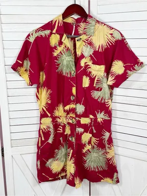 Free People Malibu‎ Tropical Palm Leaf Romper Maroon Red Yellow Small Campy thumbnail 8