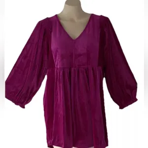 Umgee Small Magenta Velvet V Neck High Waist Balloon Sleeves Tunic Top/‎ dress thumbnail 4
