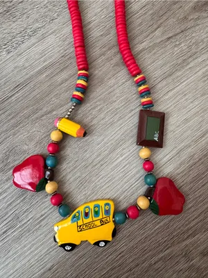 Teacher School Necklace Beaded Pencil Apple Bus Whimsical Vintage Red thumbnail 2