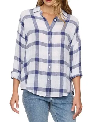 Flag & Anthem Womens Blue White Plaid Button Down Shirt Large SM25WS1477W thumbnail 1