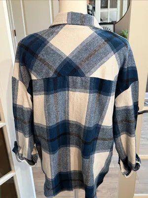 SHEIN Blue & Cream Plaid Flannel Oversized Shacket Jacket S Cottagecore Casual thumbnail 4