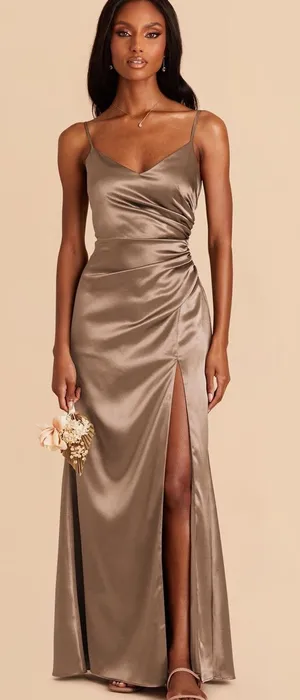 NWT Birdy Grey Catherine Dress Shiny Satin Mocha Brown Bridesmaid Maxi Dress thumbnail 1