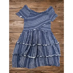 Boho Blue Striped Off Shoulder Tiered Mini Dress Women's M Vacation thumbnail 5