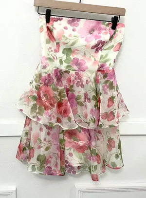 Abercrombie Organza Tiered Strapless Fitted Mini Dress Floral Strawberry XS thumbnail 1