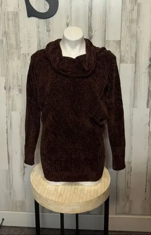 Revamped Brown Chenille Cowl Neck Tunic Sweater Soft Knit Pullover Size S thumbnail 1