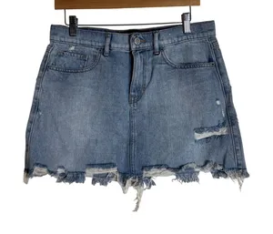 Express Women's Straight Mini Mid Rise Distressed Denim Skirt Blue Size 6 thumbnail 1