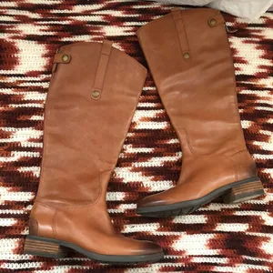 Sam Edelman Brown Cognac Leather Tall Knee High Penny Wide Calf Riding Equestrian Boots Size 6M #western #boho #indie Measurements in pics thumbnail 1