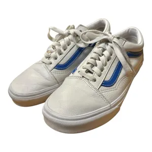 Vans Old Skool Leather White Blue Stripe Low Top Sneakers Womens 9 Mens 7.5 EU40 thumbnail 1