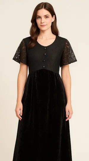 Vintage 1990s Ms. Choice Black Lace & Velvet Maxi Dress Made in USA large thumbnail 1