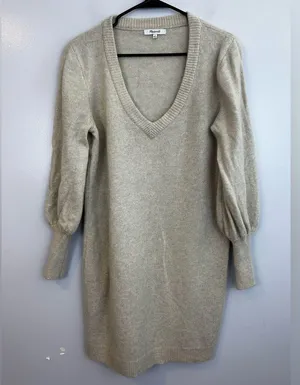 Madewell Wool Blend Oatmeal/Tan Balloon Sleeve V-neck Sweater Dress Size Large thumbnail 1
