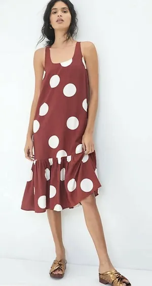 Anthropologie Michaela Flounced Merlot brown W white PolkaDot Dress flowy midi S thumbnail 1