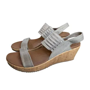 Skechers Luxe Foam Wedge Sandals Womens 10 Taupe Silver Stretch Slingback 31597 thumbnail 5