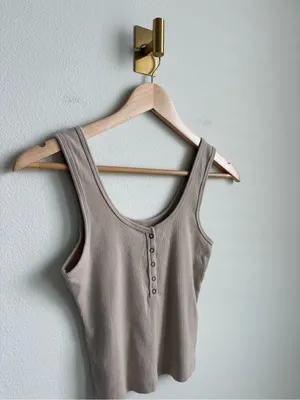 Abercrombie & Fitch Soft A&F Rib Henley Tank Top Beige XS thumbnail 4