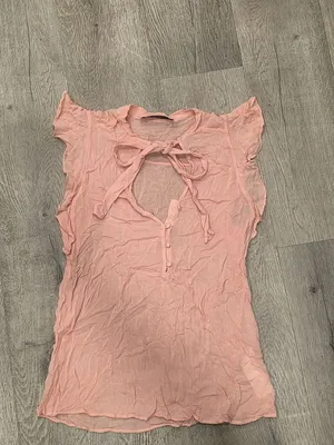 Abercrombie & Fitch Sheer Light Pink Ruffle Sleeve Tie-Neck Blouse Womens Size S thumbnail 2