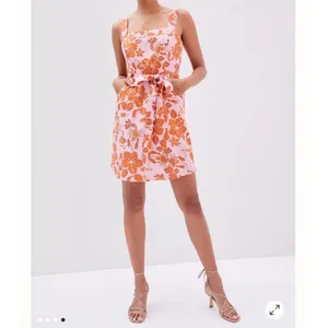 Farm Rio floral lobster print pink & orange linen blend mini dress thumbnail 2