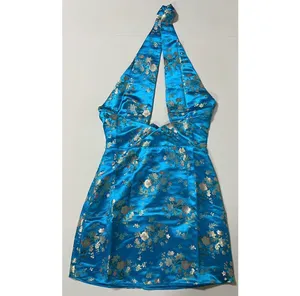 Blue Floral Satin Silk Criss-Cross Halter Mini Dress Size S 💙✨ thumbnail 2