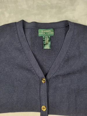 Lauren Ralph Lauren Navy Striped Silk Blend Cardigan Gold Button Petite S thumbnail 3