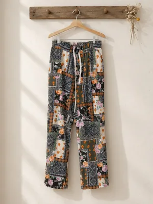 Cato Olive Patchwork Floral Wide-Leg Pants thumbnail 3
