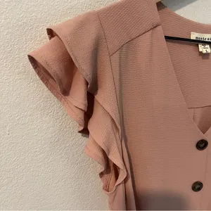 Monteau‎ Pink Crepe Chiffon Button Front V-Neck Flutter Cap Sleeve Midi Dress L thumbnail 2