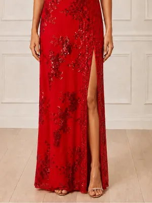 NWT Southern Fried Chics Gown Medium Red Sequin Floral One Shoulder Maxi Dress thumbnail 9